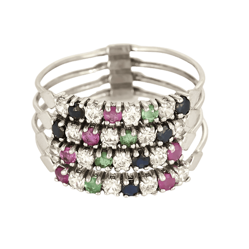 Bague harem en or gris 14K diamants, rubis et emeraudes