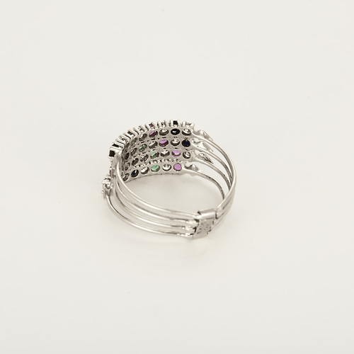 Bague harem en or gris 14K diamants, rubis et emeraudes