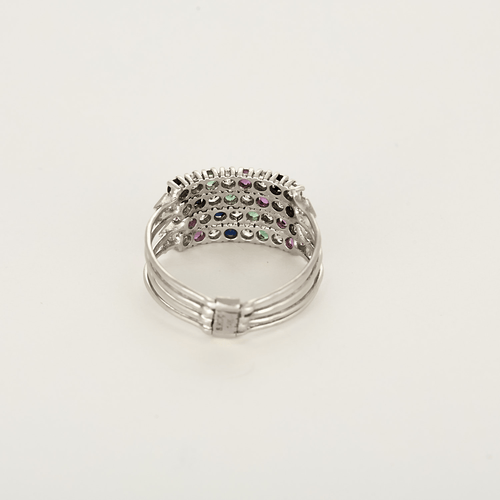 Bague harem en or gris 14K diamants, rubis et emeraudes