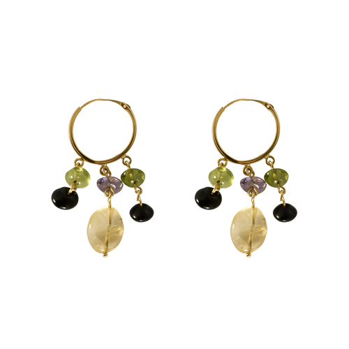 Boucles d'oreilles en or jaune, citrines, améthystes, péridots et onyx.