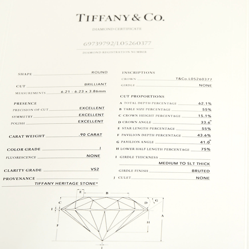 TIFFANY - Bague solitaire en platine et diamant 0.90 carat