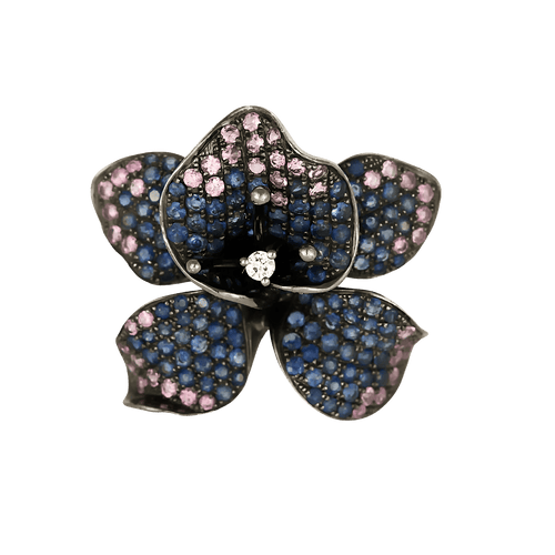 Bague 53 Élégante bague en or blanc 18K (750 millièmes) à motif d’orchidée, saphirs et diamants 58 Facettes DV0156-7