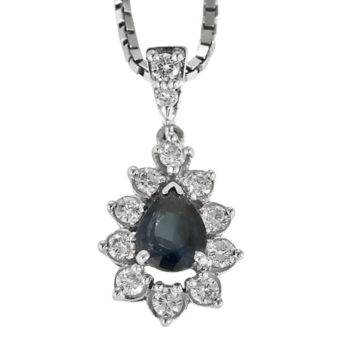 Collier en or blanc et pendentif en or blanc, diamants : 0,60 carat et saphir : 1 carat