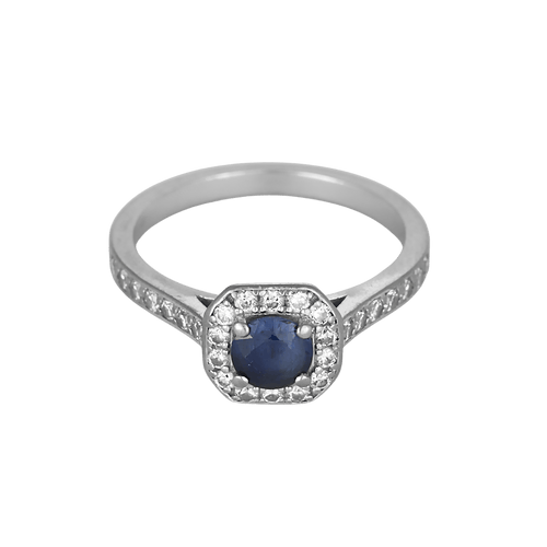 Bague en or gris saphir entourage petits diamants