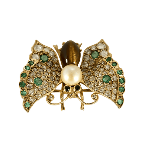 Broche Papillon en or jaune 14K, diamants, émeraudes, perles de culture et quartz 58 Facettes DV33381-1