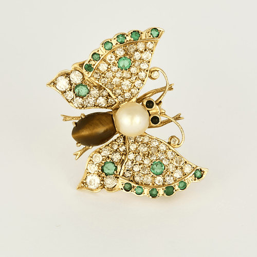 Broche Papillon en or jaune 14K, diamants, émeraudes, perles de culture et quartz 58 Facettes DV33381-1