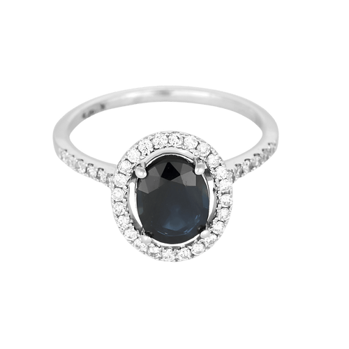 Élégante bague en or blanc, saphir et diamants