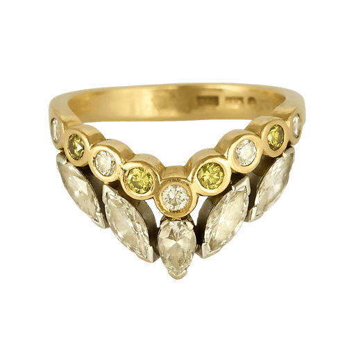 Bague aigrette en or jaune, or blanc, diamants blanc et verts : 1,45 carat