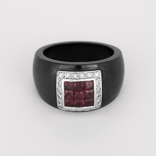 56 GUY LAROCHE - Bague en céramique noire, or blanc, rubis et diamants 58 Facettes DV34830-4