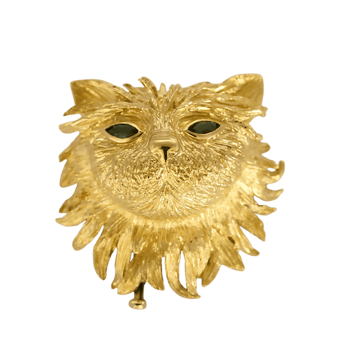 Broche Broche en or jaune à motif de chat et tourmalines vertes 58 Facettes DV36082-1
