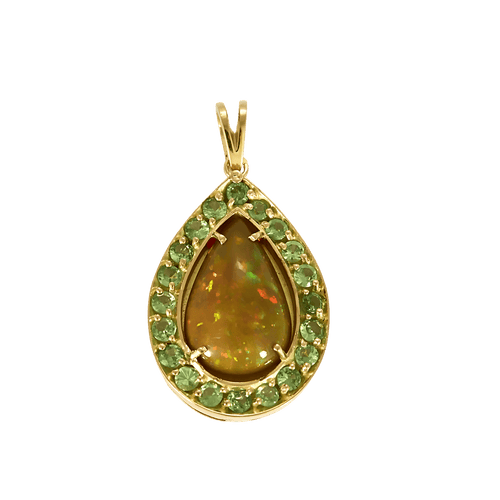 Pendentif poire en or jaune, opale noble : 14 carats et tsavorites : 1 carat 58 Facettes DV36260-6