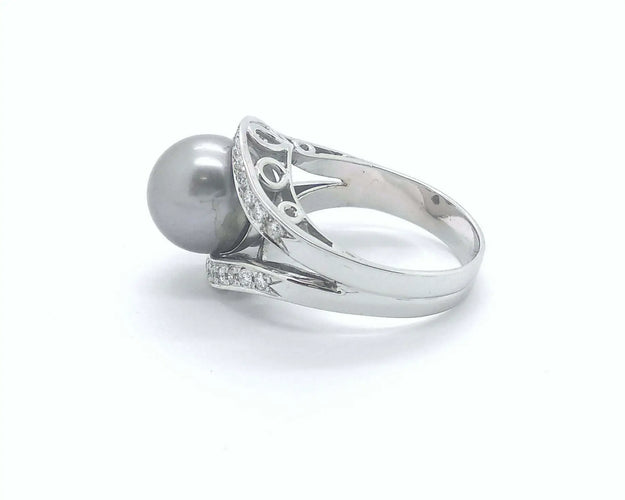 Bague Bague en or blanc 18 ct avec perle de Tahiti et diamants 58 Facettes 6173