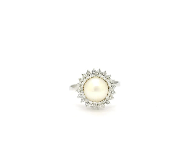Bague Bague double rangée en or blanc avec perle et diamants 58 Facettes 13377