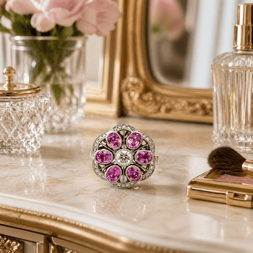 Bague 56 Art déco - Bague en or blanc saphirs roses 58 Facettes 50454