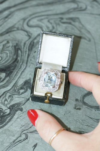 Bague 58 Bague Art Déco octogonale en or blanc 18k, aigue-marine et diamants 58 Facettes