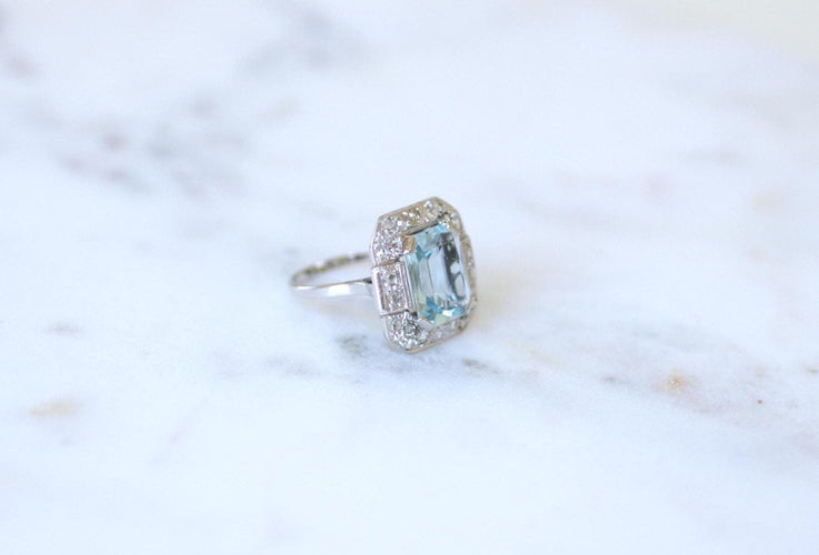 Bague 58 Bague Art Déco octogonale en or blanc 18k, aigue-marine et diamants 58 Facettes