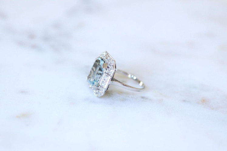 Bague 58 Bague Art Déco octogonale en or blanc 18k, aigue-marine et diamants 58 Facettes