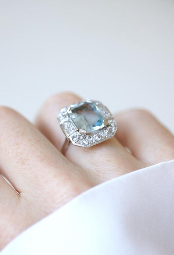 Bague 58 Bague Art Déco octogonale en or blanc 18k, aigue-marine et diamants 58 Facettes