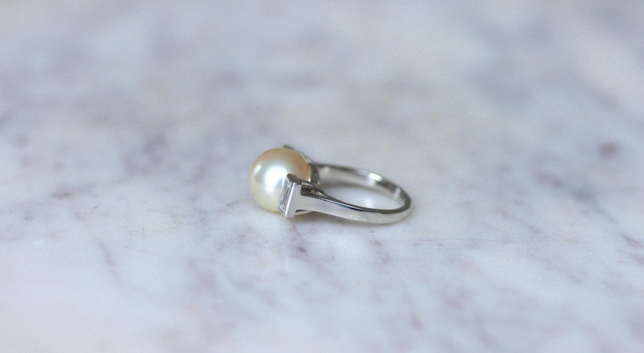 Bague 47.5 Bague Art Déco perle de culture en platine et diamants baguette 58 Facettes