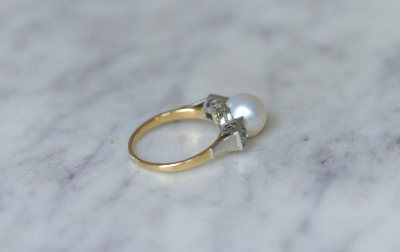 Bague 58 Bague Art Déco en or jaune 18k et platine, perle et diamants 58 Facettes