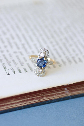 Bague 54.5 Bague Belle Époque en or jaune 18k et platine, saphir et diamants 58 Facettes