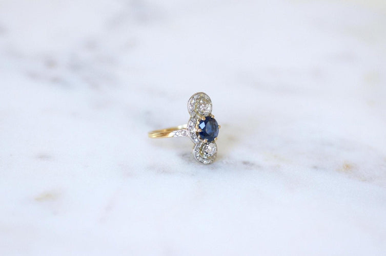 Bague 54.5 Bague Belle Époque en or jaune 18k et platine, saphir et diamants 58 Facettes