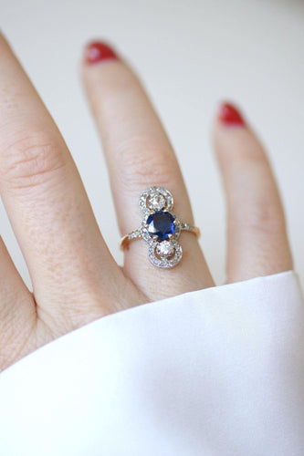 Bague 54.5 Bague Belle Époque en or jaune 18k et platine, saphir et diamants 58 Facettes