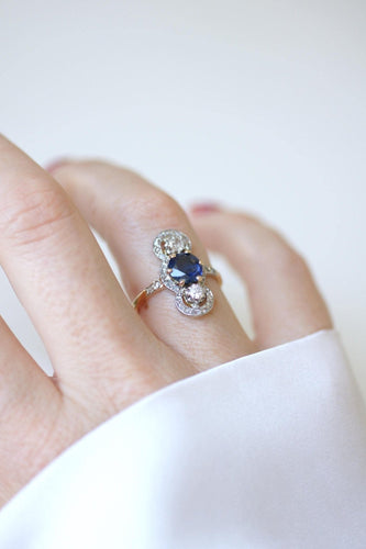 Bague 54.5 Bague Belle Époque en or jaune 18k et platine, saphir et diamants 58 Facettes