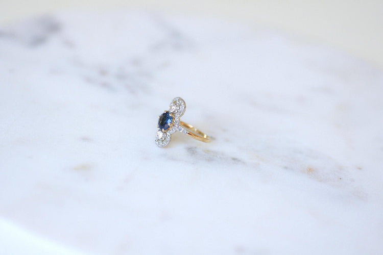 Bague 54.5 Bague Belle Époque en or jaune 18k et platine, saphir et diamants 58 Facettes