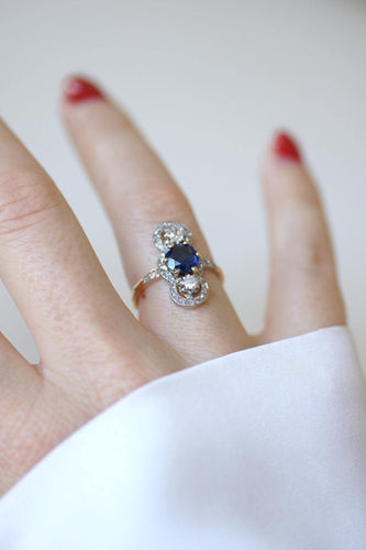 Bague 54.5 Bague Belle Époque en or jaune 18k et platine, saphir et diamants 58 Facettes