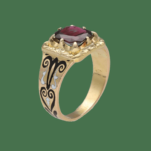 Bague 54 Bague chevalière Napoléon III en or jaune 18K avec émail et grenat, taille 54 58 Facettes FB10425