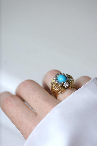 Bague 52.5 Bague cocktail cabochon turquoise en or jaune 18kt et diamants 58 Facettes