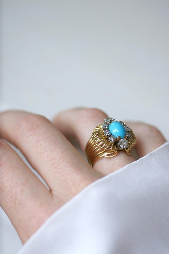 Bague 52.5 Bague cocktail cabochon turquoise en or jaune 18kt et diamants 58 Facettes