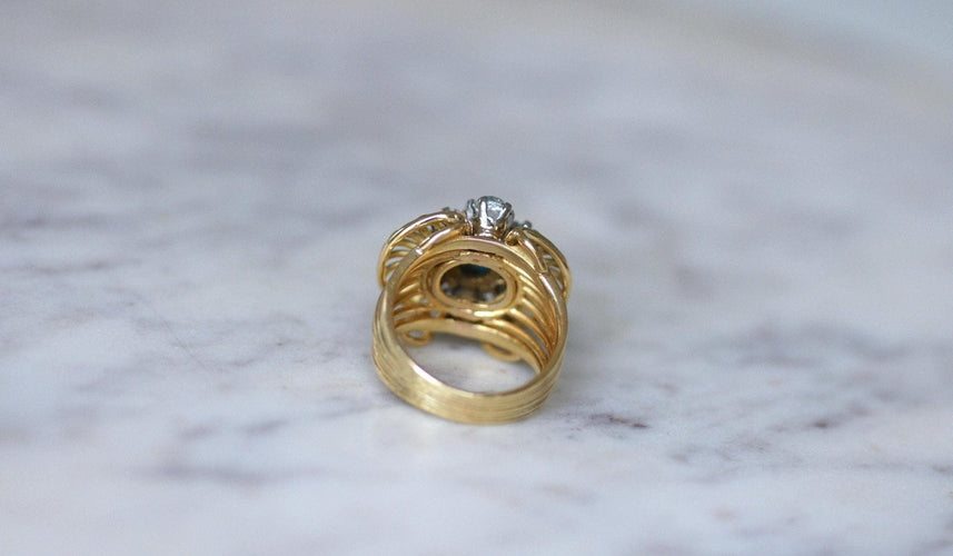 Bague 52.5 Bague cocktail cabochon turquoise en or jaune 18kt et diamants 58 Facettes
