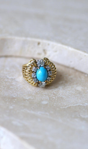 Bague 52.5 Bague cocktail cabochon turquoise en or jaune 18kt et diamants 58 Facettes
