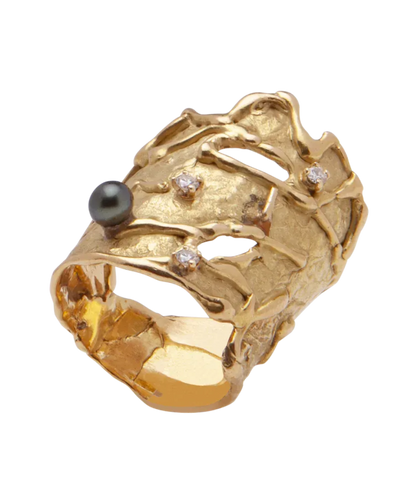 Bague 54 Bague de créateur en or jaune avec perle et diamants 58 Facettes BO220256/BaguedeCréateurPerleetDiamant