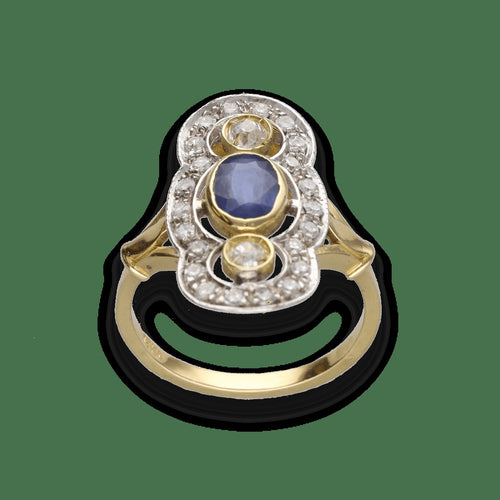 Bague 55 Bague en or jaune et gris 18 Cts avec saphirs et diamants vers 1970. Taille 55. 58 Facettes FB10280