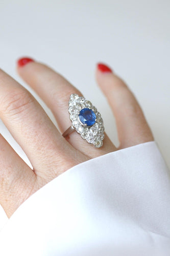 Bague 58 Bague marquise Art Déco en platine, saphir de Ceylan et diamants 58 Facettes