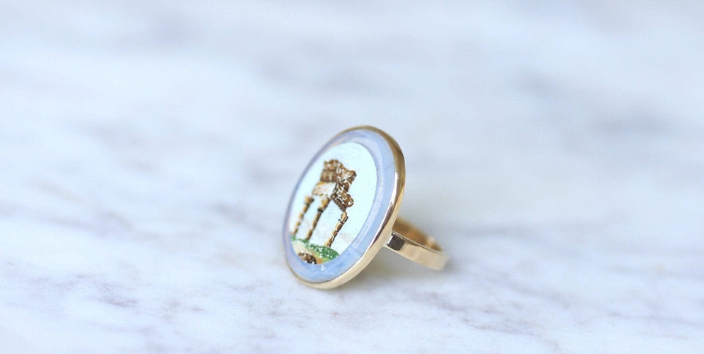 Bague 55 Bague micro-mosaïque temple antique en or jaune 18k 58 Facettes