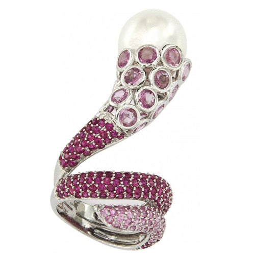 Bague 52 Bague en or gris 750 avec perle et saphirs roses 58 Facettes 61400022