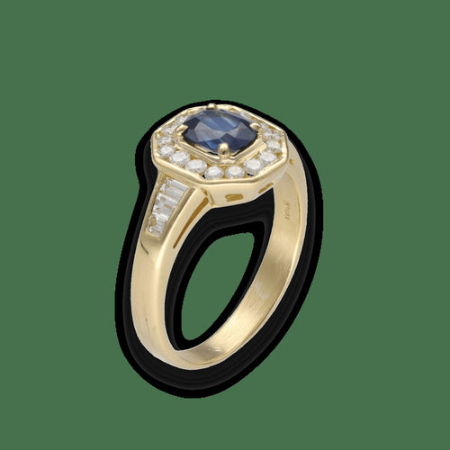 Bague 56 Bague Saphir & Diamants – Or Jaune 18k – Saphir Central 0,80 ct – Diamants Brillants & Baguettes 0,50 ct G-VS – Taille 56 58 Facettes FB11169