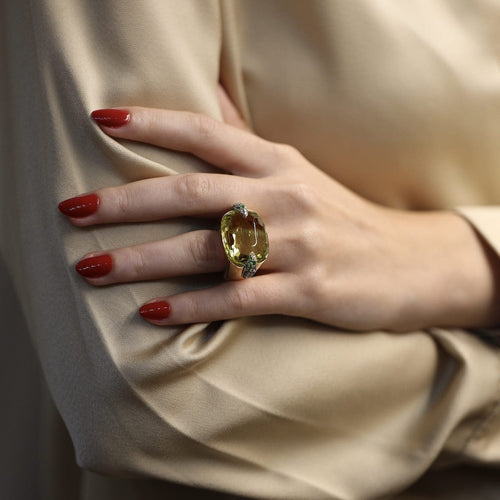 Bague 51 Pomellato Pin Up - Bague en or jaune 18 carats, quartz jaune, diamants et tsavorites 58 Facettes FB11038