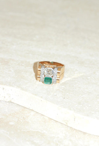 Bague 62 Bague Tank en or rose 18k et platine, émeraude et diamants 58 Facettes