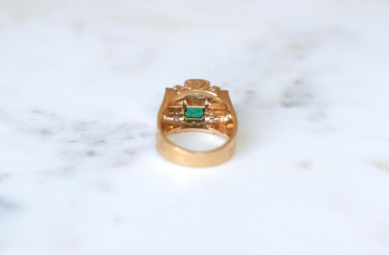 Bague 62 Bague Tank en or rose 18k et platine, émeraude et diamants 58 Facettes