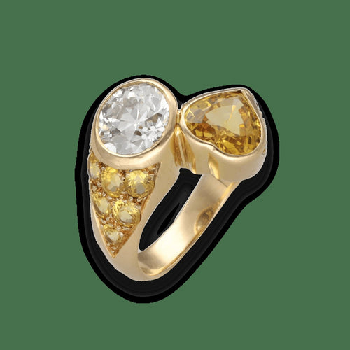 Bague 52-53 Bague Toi & Moi – Diamant 1,80 ct & Saphir Jaune Cœur 2,00 ct – Or Jaune 18k – Entourage Diamants & Saphirs – Taille 52–53 58 Facettes FB11196