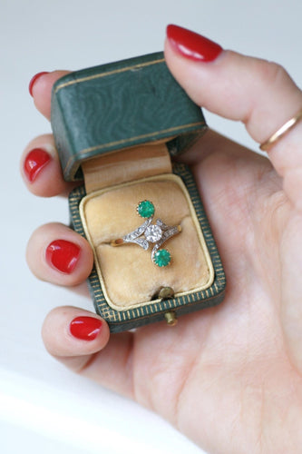 Bague 54 Bague Toi et Moi en or jaune 18kt et platine, diamants, émeraudes 58 Facettes
