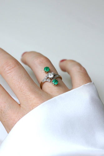 Bague 54 Bague Toi et Moi en or jaune 18kt et platine, diamants, émeraudes 58 Facettes