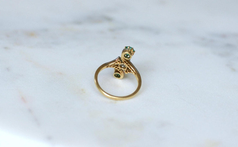 Bague 54 Bague Toi et Moi en or jaune 18kt et platine, diamants, émeraudes 58 Facettes