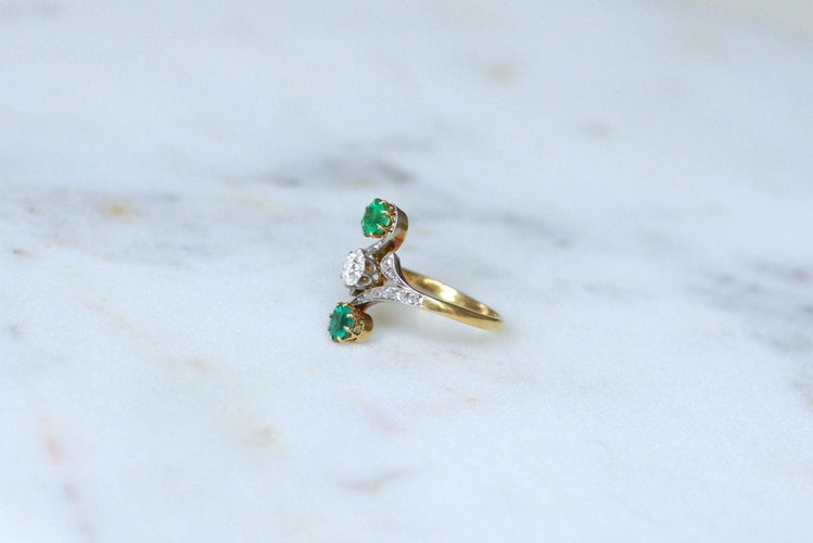 Bague 54 Bague Toi et Moi en or jaune 18kt et platine, diamants, émeraudes 58 Facettes