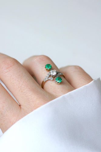 Bague 54 Bague Toi et Moi en or jaune 18kt et platine, diamants, émeraudes 58 Facettes